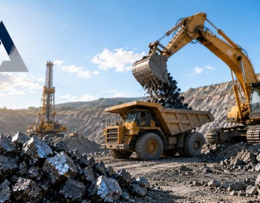 Almonty-Aktie: Neues Jahrestief trotz starkem operativem Geschäft Open-pit mining scene with a yellow excavator dumping rocky material into a large dump truck, under a clear blue sky; a corporate logo appears in the upper-left corner.