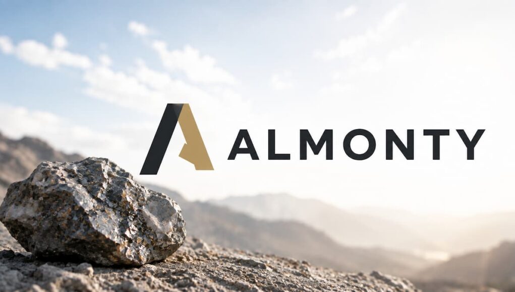 Almonty-Aktie-Warum-19-US-jetzt-entscheidend-sind.jpeg ALMONTY logo with a stylized 'A' over a rocky desert landscape at sunrise.