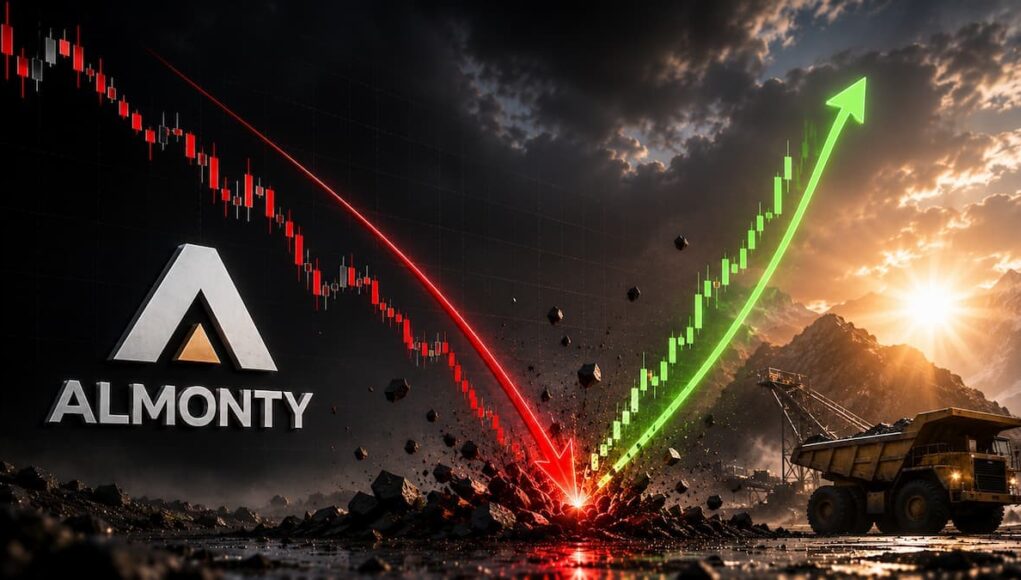 Almonty-Aktie-Was-tun-nach-37.jpeg Almonty logo with a red downward stock arrow and a green upward arrow over a mining site at sunrise, symbolizing market rebound.