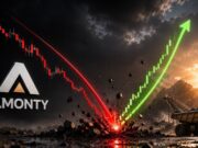Almonty-Aktie: Was tun nach +37%? Almonty logo with a red downward stock arrow and a green upward arrow over a mining site at sunrise, symbolizing market rebound.