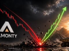 Almonty-Aktie: Was tun nach +37%? Almonty logo with a red downward stock arrow and a green upward arrow over a mining site at sunrise, symbolizing market rebound.