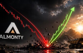 Almonty-Aktie: Was tun nach +37%? Almonty logo with a red downward stock arrow and a green upward arrow over a mining site at sunrise, symbolizing market rebound.