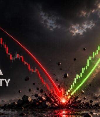 Almonty-Aktie: Was tun nach +37%? Almonty logo with a red downward stock arrow and a green upward arrow over a mining site at sunrise, symbolizing market rebound.