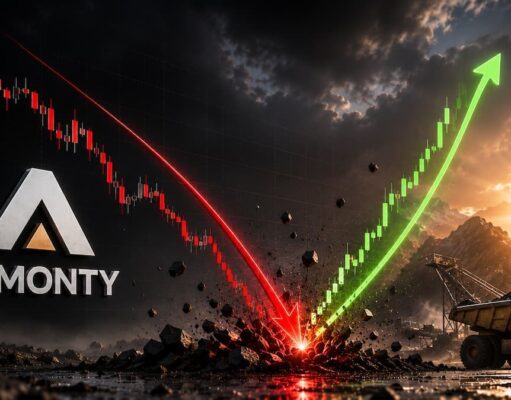 Almonty-Aktie: Was tun nach +37%? Almonty logo with a red downward stock arrow and a green upward arrow over a mining site at sunrise, symbolizing market rebound.