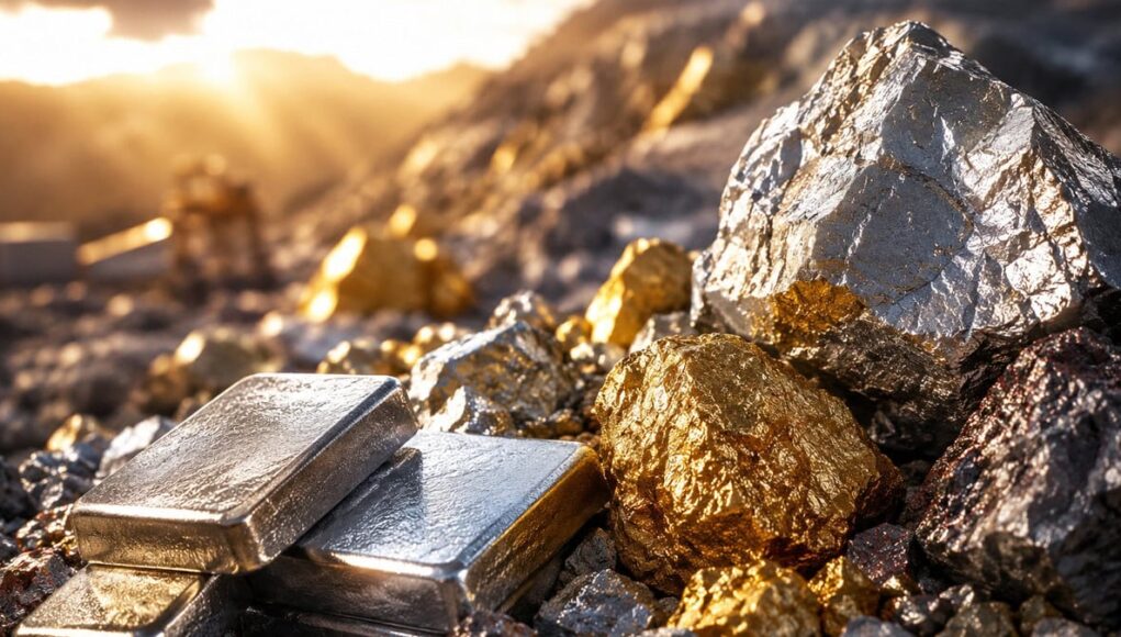 Silver ingots and gold nuggets on a rocky mining site, bathed in warm sunset light