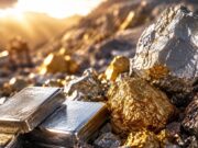 Almonty-Aktie: Wird das Pentagon jetzt zum großen Kurstreiber? Silver ingots and gold nuggets on a rocky mining site, bathed in warm sunset light