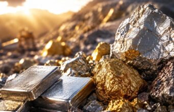 Almonty-Aktie: Wird das Pentagon jetzt zum großen Kurstreiber? Silver ingots and gold nuggets on a rocky mining site, bathed in warm sunset light