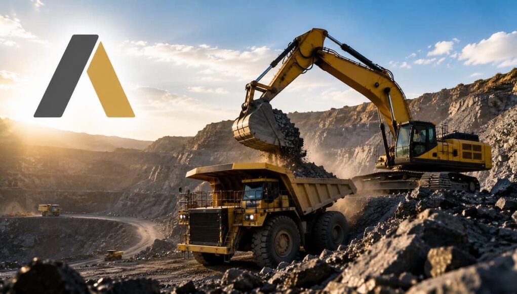 Excavator loads gravel into a dump truck at an open-pit mine at sunset.