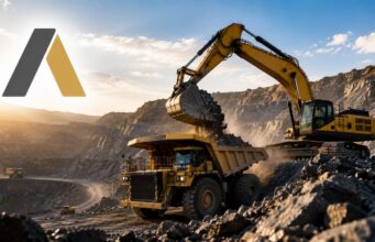 Almonty-Aktie im Höhenflug: Wie weit geht die Rallye? Excavator loads gravel into a dump truck at an open-pit mine at sunset.