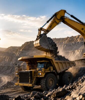 Almonty-Aktie im Höhenflug: Wie weit geht die Rallye? Excavator loads gravel into a dump truck at an open-pit mine at sunset.