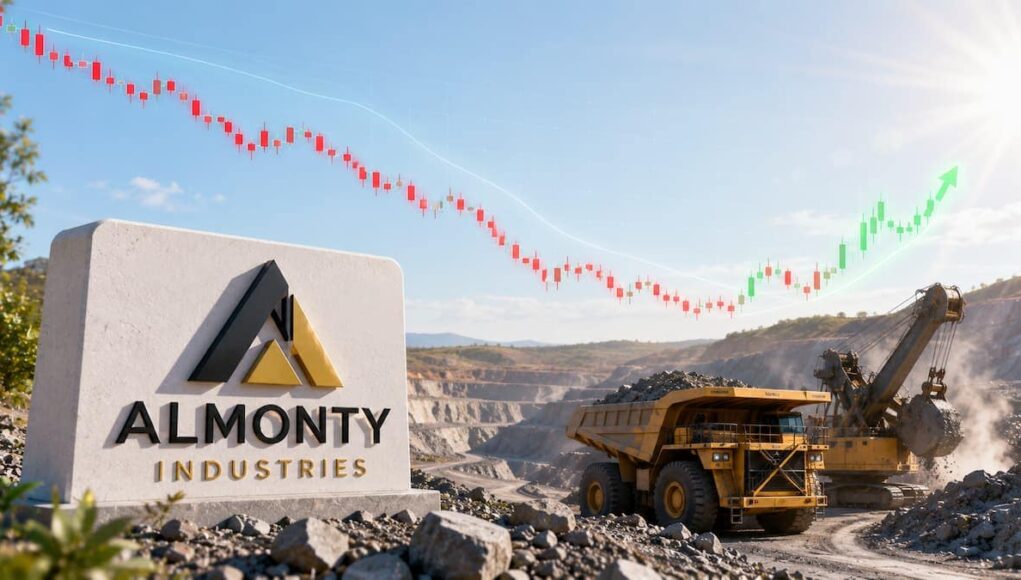 Almonty-Aktie-mit-19-–-startet-jetzt-die-Erholung.jpeg Almonty Industries sign at a quarry with mining trucks and a rising stock chart overlay showing a positive trend.