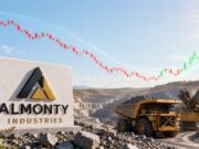 Almonty-Aktie mit +19% – startet jetzt die Erholung? Almonty Industries sign at a quarry with mining trucks and a rising stock chart overlay showing a positive trend.