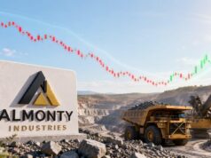 Almonty-Aktie mit +19% – startet jetzt die Erholung? Almonty Industries sign at a quarry with mining trucks and a rising stock chart overlay showing a positive trend.