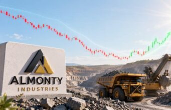 Almonty-Aktie mit +19% – startet jetzt die Erholung? Almonty Industries sign at a quarry with mining trucks and a rising stock chart overlay showing a positive trend.
