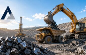 Almonty-Aktie mit +36% – Erholung gestartet? Mining site with a yellow excavator dumping rock into a large dump truck; rocky excavation pit under a blue sky with a logo on the left.