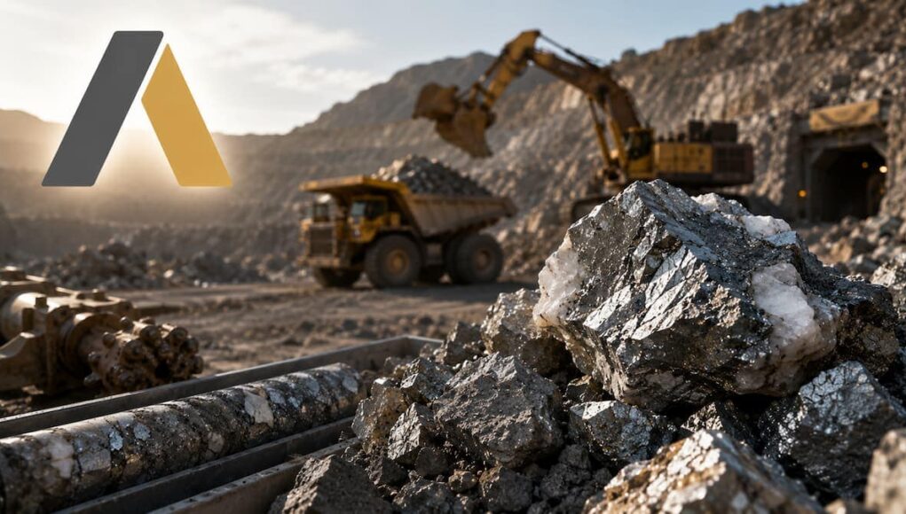 Mining site with large rock heap and heavy machinery (excavator and dump truck) at a quarry, logo on left.