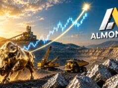 Almonty-Aktie mit starkem Comeback – wie weit geht die Rally? Golden bull statue charging at a open-pit mine with excavators and a rising stock chart, plus the Almonty logo in the corner.
