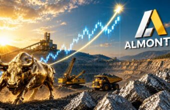 Almonty-Aktie vor dem Durchbruch im operativen Geschäft? Gold bull statue at a mine with heavy machinery, ore piles, a rising stock chart arc, and the Almonty logo at sunset.",