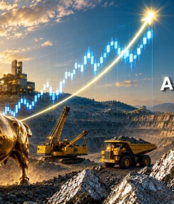 Almonty-Aktie vor dem Durchbruch im operativen Geschäft? Gold bull statue at a mine with heavy machinery, ore piles, a rising stock chart arc, and the Almonty logo at sunset.",
