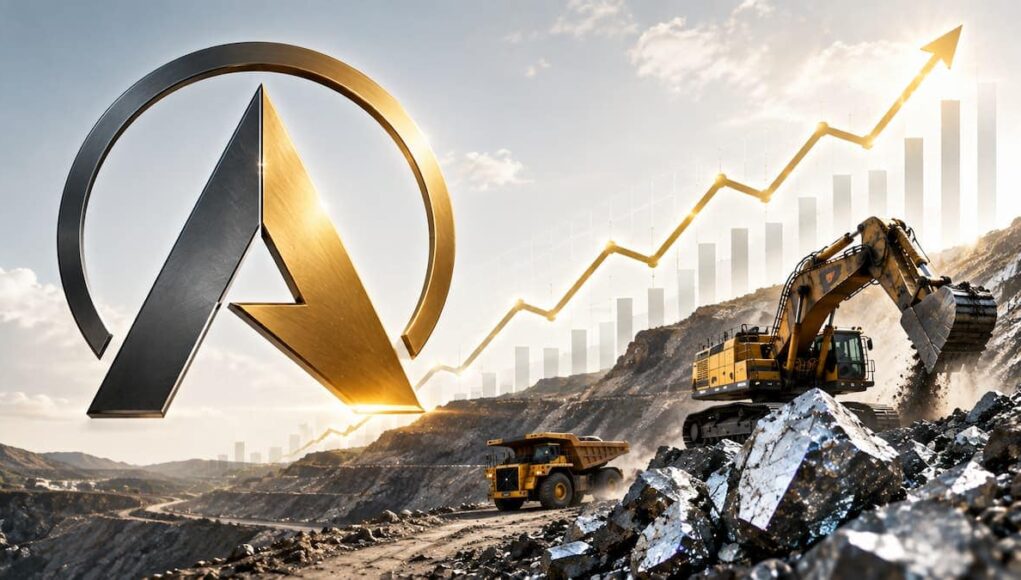 Arch Linux logo looming over a mining site with excavator and dump truck, plus a rising chart suggesting growth or progress.