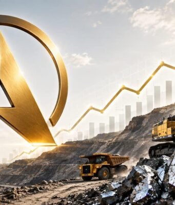 Almonty mit +77% – neues Rekordhoch möglich? Arch Linux logo looming over a mining site with excavator and dump truck, plus a rising chart suggesting growth or progress.