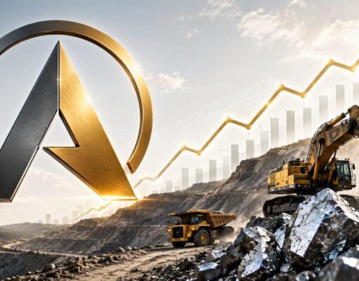Almonty mit +77% – neues Rekordhoch möglich? Arch Linux logo looming over a mining site with excavator and dump truck, plus a rising chart suggesting growth or progress.