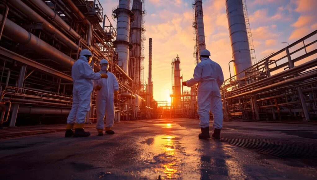 Three workers in white protective suits and hard hats stand in an industrial refinery at sunset as orange light washes over pipes and towers.