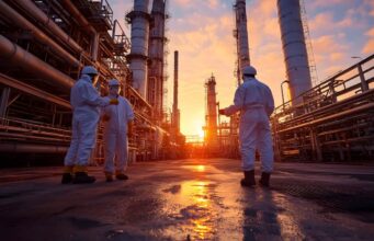 Battalion Oil-Aktie: Fällt jetzt die 1-US$-Marke? Three workers in white protective suits and hard hats stand in an industrial refinery at sunset as orange light washes over pipes and towers.