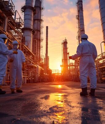 Battalion Oil-Aktie: Fällt jetzt die 1-US$-Marke? Three workers in white protective suits and hard hats stand in an industrial refinery at sunset as orange light washes over pipes and towers.