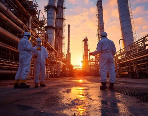 Battalion Oil-Aktie: Fällt jetzt die 1-US$-Marke? Three workers in white protective suits and hard hats stand in an industrial refinery at sunset as orange light washes over pipes and towers.