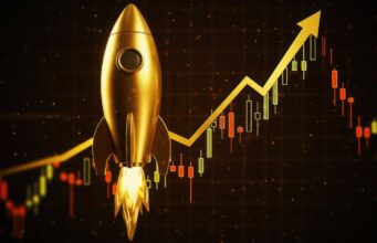 Cambria Gold Mines-Aktie: Setzt sich die Bodenbildung fort? Golden rocket launching beside a rising stock chart, symbolizing rapid growth in market or startup success.