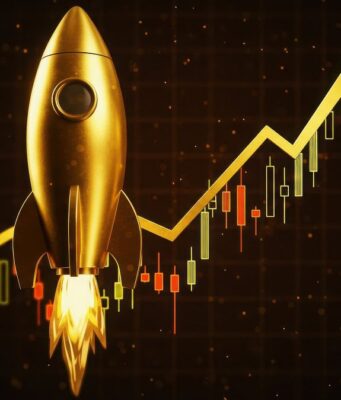 Cambria Gold Mines-Aktie: Setzt sich die Bodenbildung fort? Golden rocket launching beside a rising stock chart, symbolizing rapid growth in market or startup success.