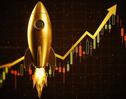 Cambria Gold Mines-Aktie: Setzt sich die Bodenbildung fort? Golden rocket launching beside a rising stock chart, symbolizing rapid growth in market or startup success.