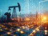Deutsche Rohstoff-Aktie: Geht da noch was? Oil pump jack in an oil field with a glowing digital network overlay symbolizing smart energy infrastructure at dusk.