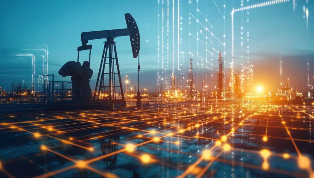 Oil pump jack in an oil field with a glowing digital network overlay symbolizing smart energy infrastructure at dusk.