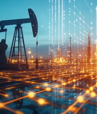 Deutsche Rohstoff-Aktie: Geht da noch was? Oil pump jack in an oil field with a glowing digital network overlay symbolizing smart energy infrastructure at dusk.