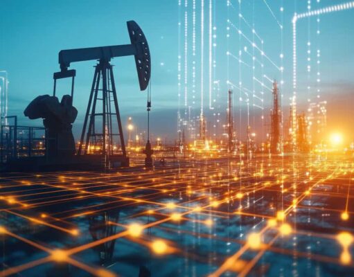 Ölpreis: Warum der Absturz jetzt Ihre Finanzen bedroht Oil pump jack in an oil field with a glowing digital network overlay symbolizing smart energy infrastructure at dusk.