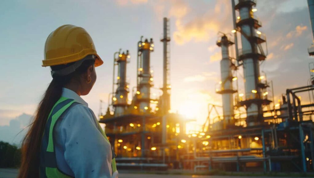 Person in a hard hat and high-visibility vest stands with back to camera, observing a petrochemical refinery at sunset.