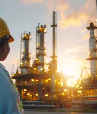 Enbridge-Aktie: Warum dieser Energie-Titel Anleger ruhig schlafen lässt Person in a hard hat and high-visibility vest stands with back to camera, observing a petrochemical refinery at sunset.