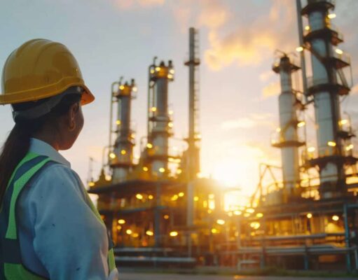 Enbridge-Aktie: Warum dieser Energie-Titel Anleger ruhig schlafen lässt Person in a hard hat and high-visibility vest stands with back to camera, observing a petrochemical refinery at sunset.