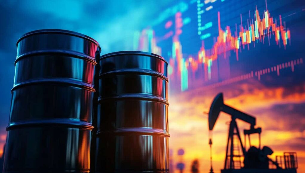 Oil barrels in the foreground with a pump jack and a colorful stock market chart in the background.