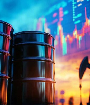 ExxonMobil und Chevron im Visier: Trump attackiert Ölkonzerne Oil barrels in the foreground with a pump jack and a colorful stock market chart in the background.