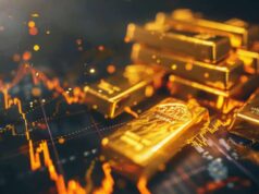 Gold: Hier könnte bald Größeres passieren! Pile of gold bars on a dark surface with glowing financial chart lines in the background.