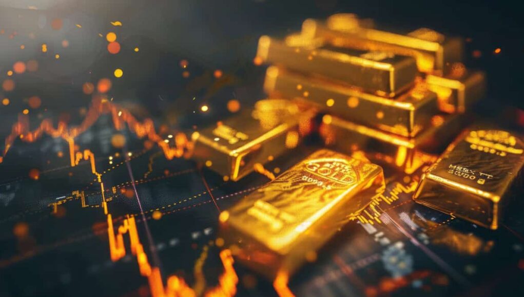 Gold bars on a dark surface with glowing financial graphs and neon lines suggesting rising wealth and markets.