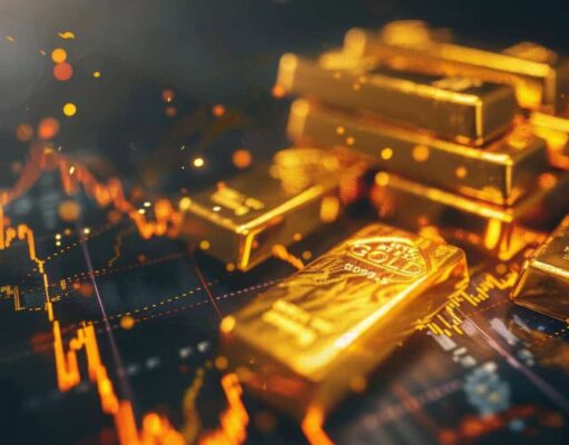 Gold-Kurs vor nächstem Widerstand – reicht die Dynamik? Gold bars on a dark surface with glowing financial graphs and neon lines suggesting rising wealth and markets.