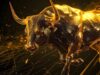 Gold vs. Platin: Wer hat im zweiten Halbjahr die Nase vorn? Abstract golden bull charging forward, composed of glowing geometric lines and particles.