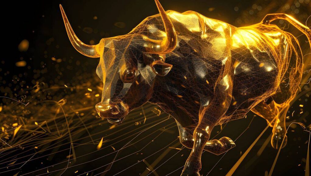 Gold-vs.-Platin-Wer-hat-im-zweiten-Halbjahr-die-Nase-vorn.jpeg Abstract golden bull charging forward, composed of glowing geometric lines and particles.
