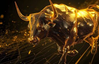 Gold vs. Platin: Wer hat im zweiten Halbjahr die Nase vorn? Abstract golden bull charging forward, composed of glowing geometric lines and particles.