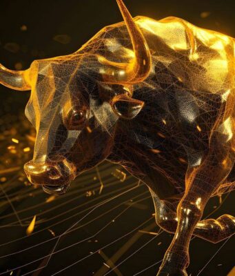 Gold vs. Platin: Wer hat im zweiten Halbjahr die Nase vorn? Abstract golden bull charging forward, composed of glowing geometric lines and particles.