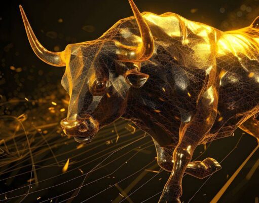Gold vs. Platin: Wer hat im zweiten Halbjahr die Nase vorn? Abstract golden bull charging forward, composed of glowing geometric lines and particles.